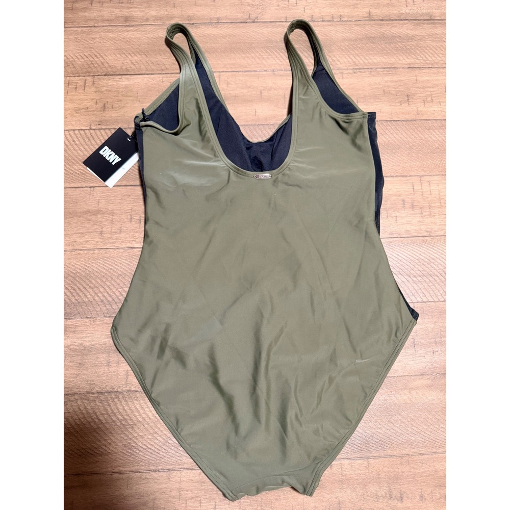 New DKNY Womens Ruched Mesh Side One Piece Swimsuit Olive Green DI2MS536 Size 14 - Picture 2 of 13